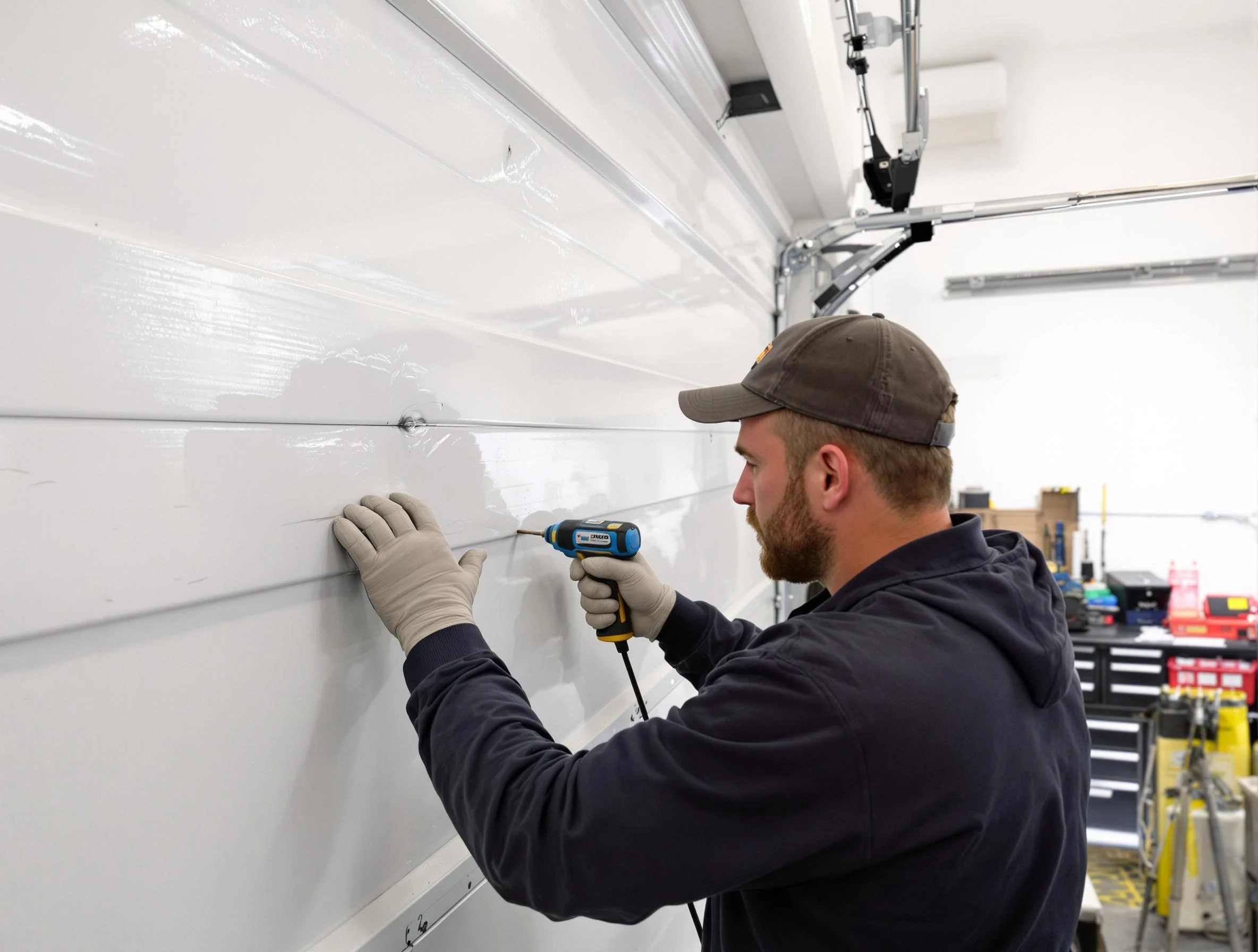 Farr West Garage Door Repair technician demonstrating precision dent removal techniques on a Farr West garage door